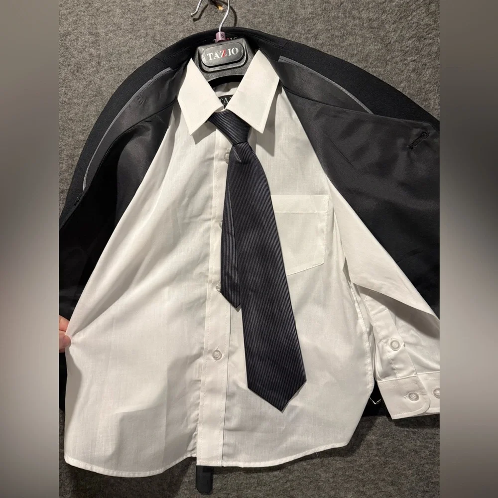 Tazio Suit Set Youth Boys sz 6 gray 4 piece jacket tie vest shirt Slim *No Pants